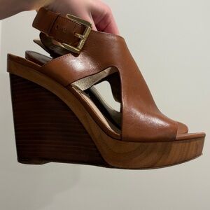 Michael Kors Brown Leather Platform Wedge Sandals with Gold Buckle